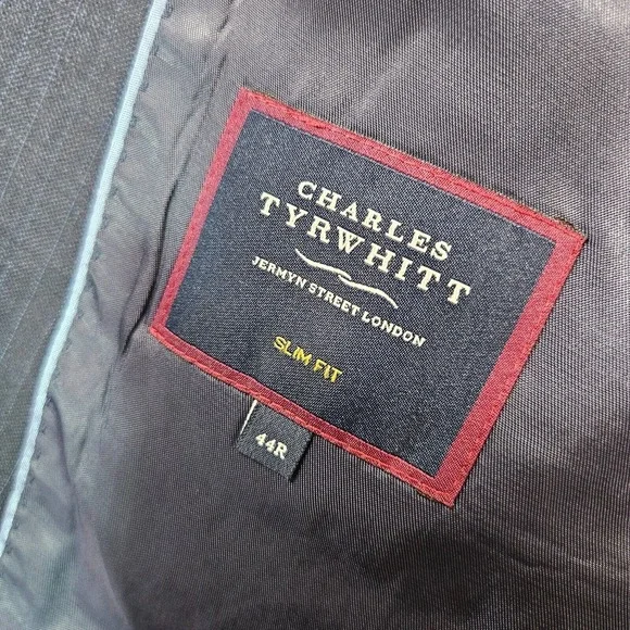 Charles Tyrwhitt 44R Slim‎ Fit Wool Suit Blazer Men Super 100's Navy Pinstriped